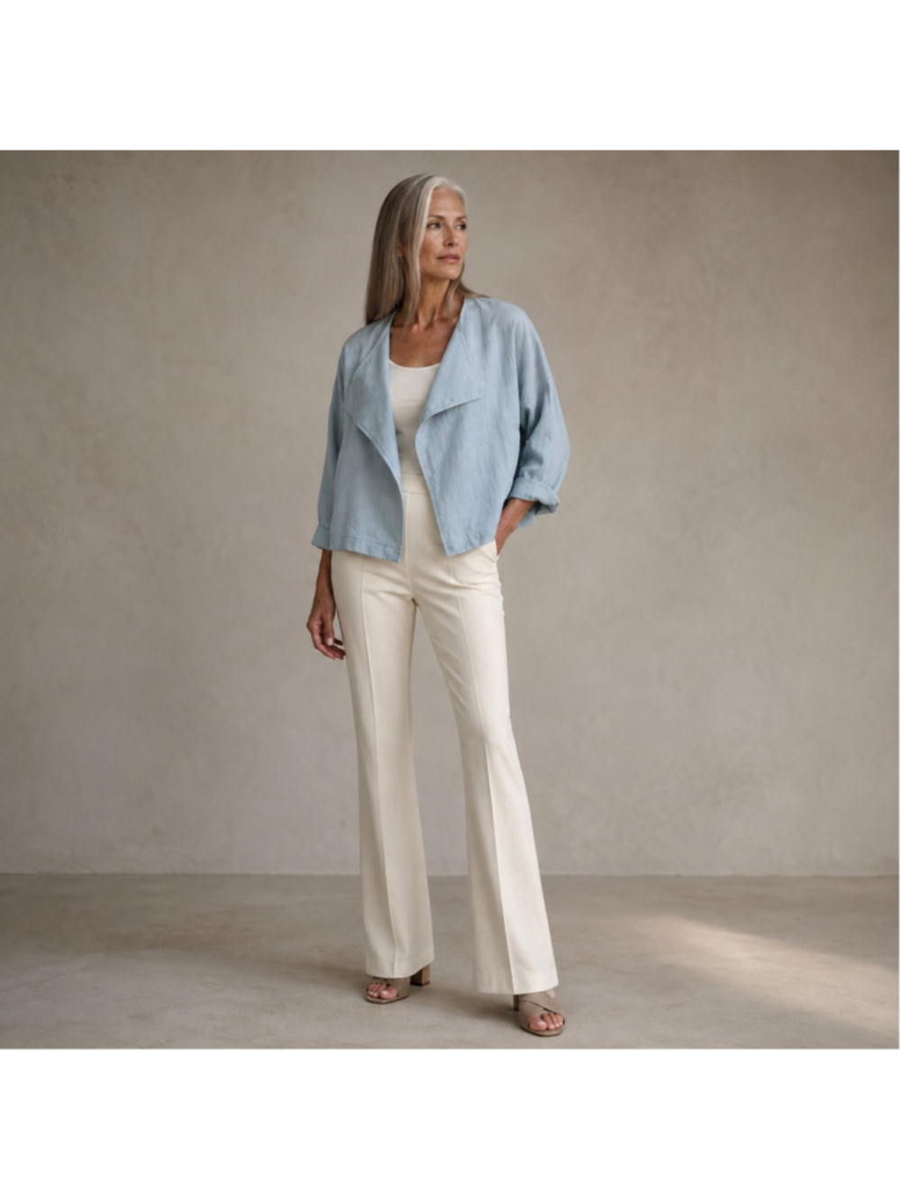 EILEEN FISHER Organic Linen Open Front Jacket XL Blue Dawn Oversized